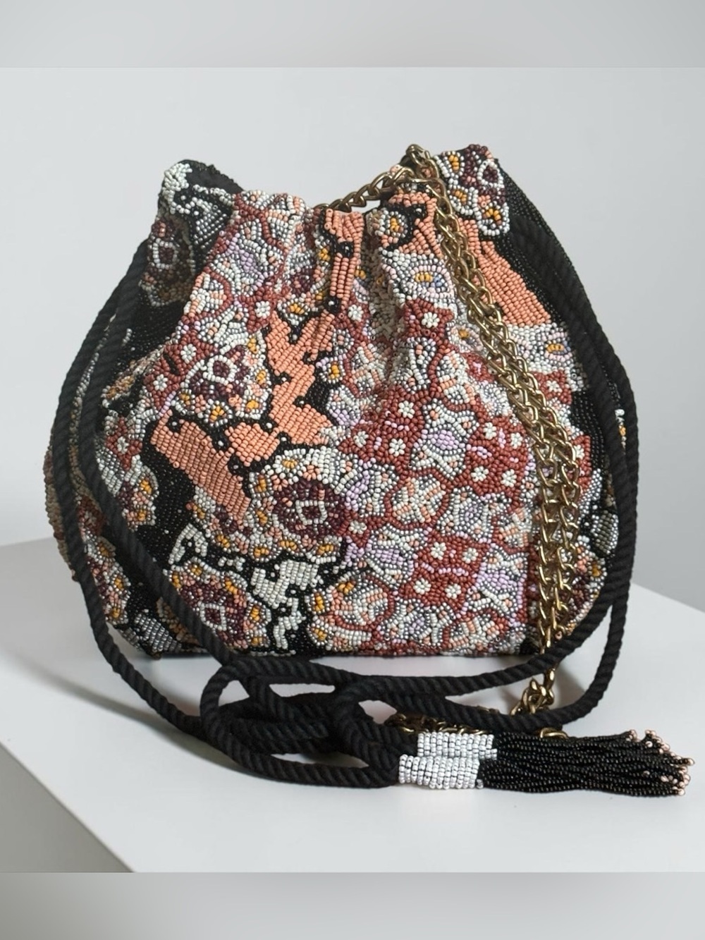 NWOT Anthropologie Boho Beaded Drawstring Shoulder Crossbody Bag!